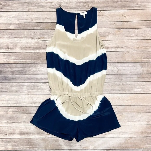 Joie Silk Tie Dye Sleeveless Scoop Neck Isidora Romper XS Ivory Beige Navy FLAWS - Picture 3 of 13
